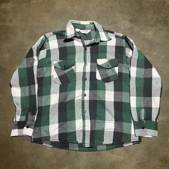 Vintage 70s Jim Catfish Hunter Green Plaid Cotton Flannel - Picture 1 of 3